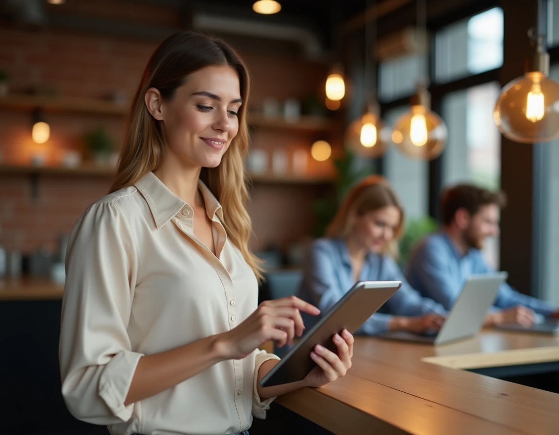 Jeune professionnelle accédant à un portail personnel via une tablette dans un espace de coworking