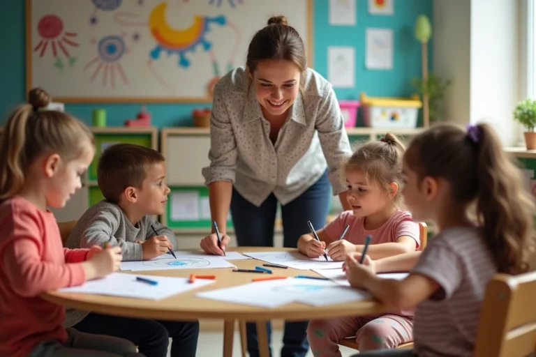 Assistante maternelle guidant des enfants en classe