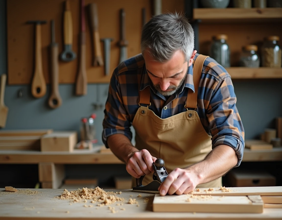 Artisan menuisier nantais travaillant le bois dans son atelier avec des outils traditionnels