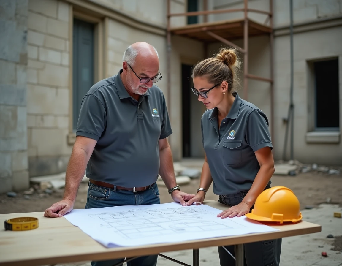 Deux artisans nantais étudiant les plans d'un chantier de rénovation devant un immeuble en pierre