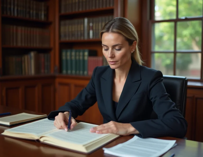 Avocate comparant un arrêt d'espèce et un arrêt de principe dans un bureau juridique classique