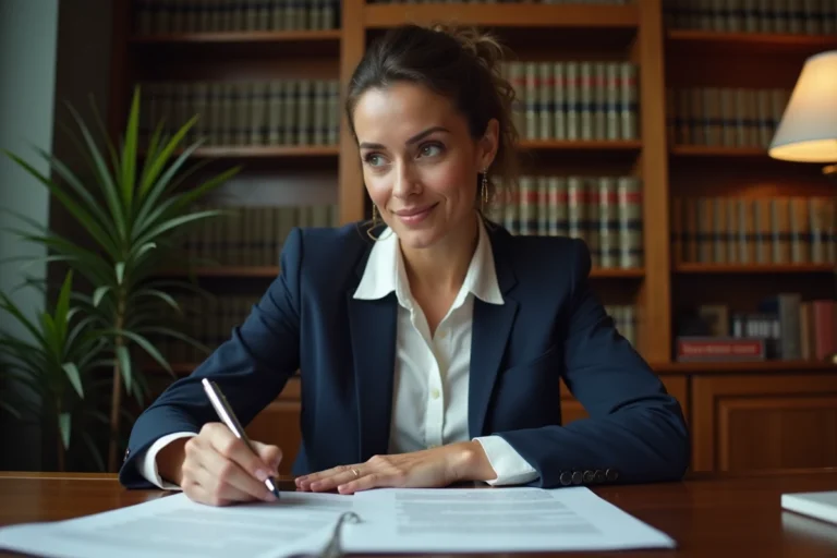 Avocate en droit civil examinant des documents juridiques sur les droits patrimoniaux et extrapatrimoniaux dans un cabinet professionnel