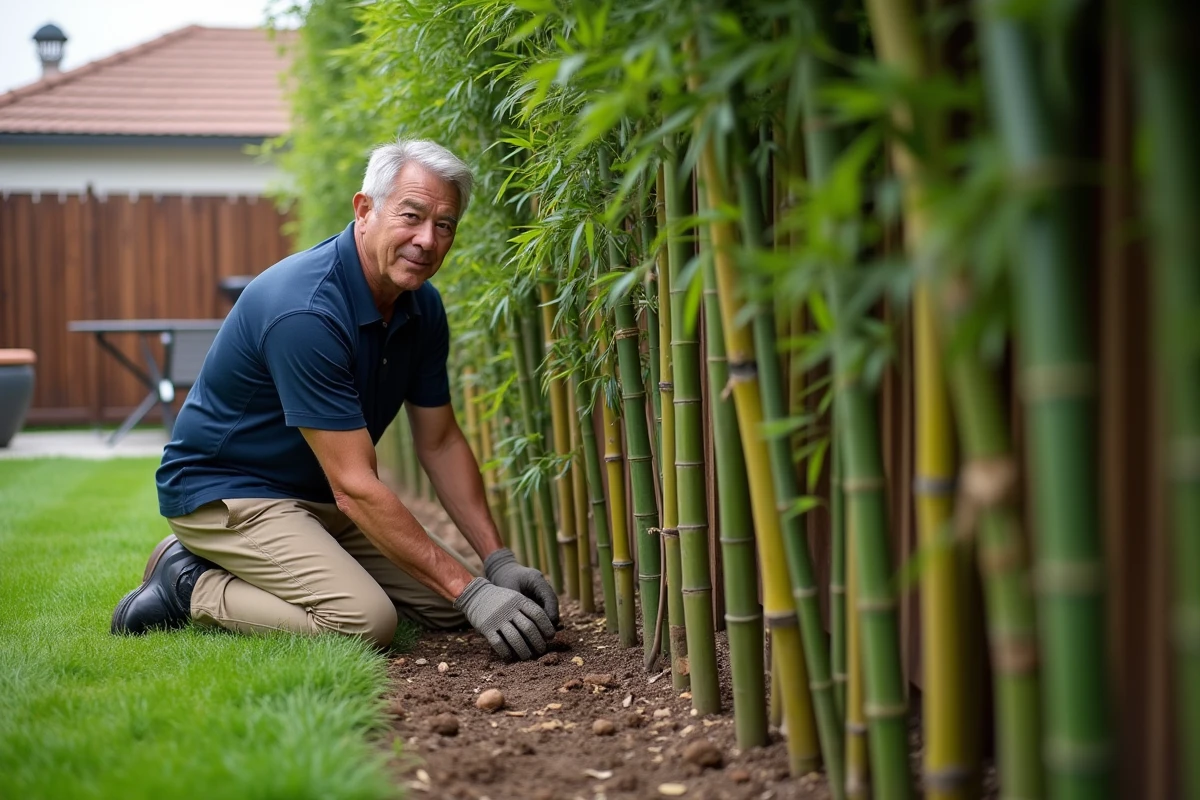 Homme plantant des bambous le long d'une clôture de jardin pour créer un écran naturel et protéger son intimité des voisins en hauteur