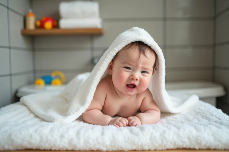 Bébé de huit mois dans une serviette blanche dans la salle de bain