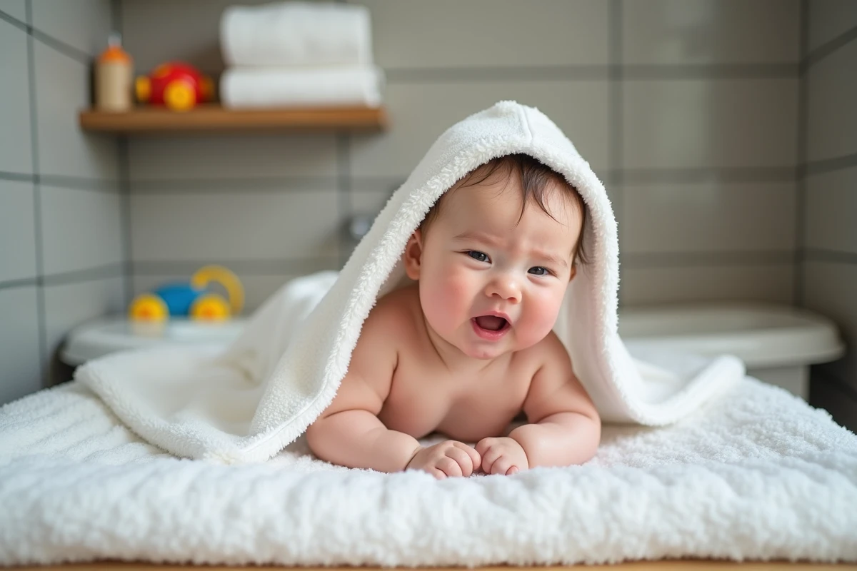 Bébé de huit mois dans une serviette blanche dans la salle de bain