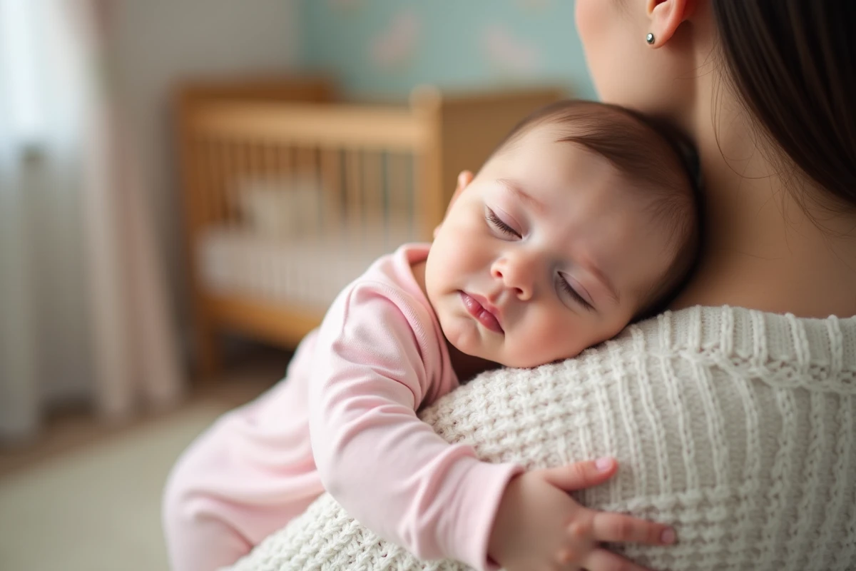 Bébé de dix mois dans une nurserie après le bain avec sa mère