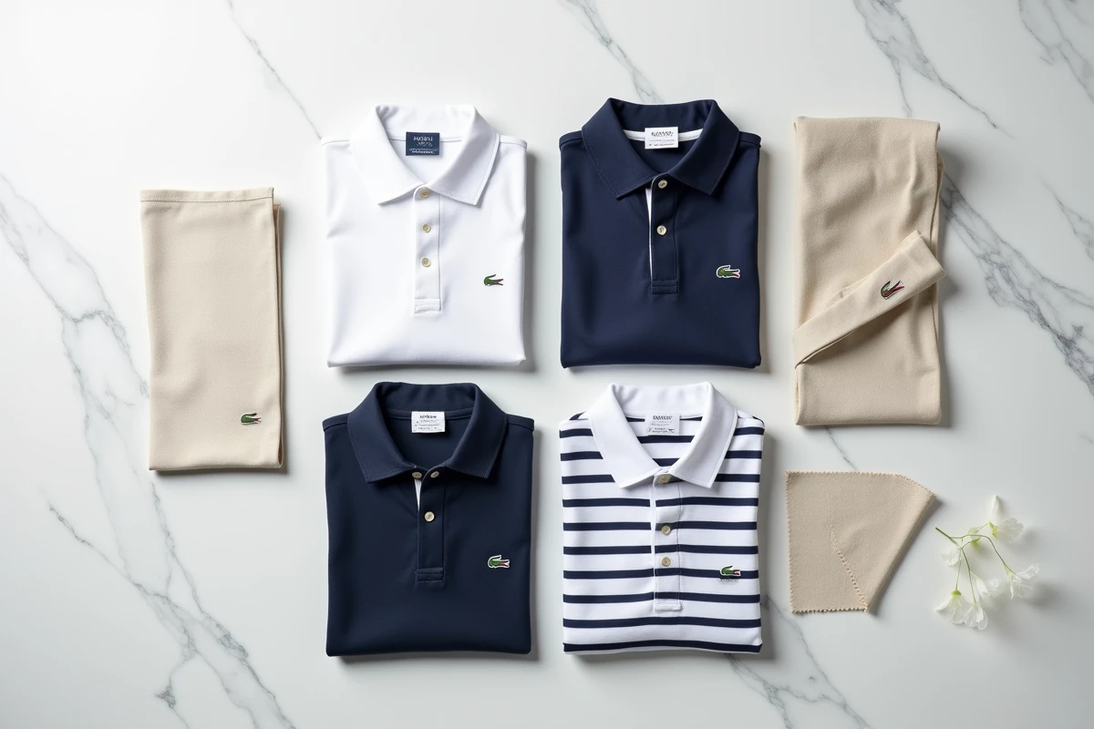 Comparatif de polos de marques concurrentes en vue à plat sur marbre blanc pour article mode homme