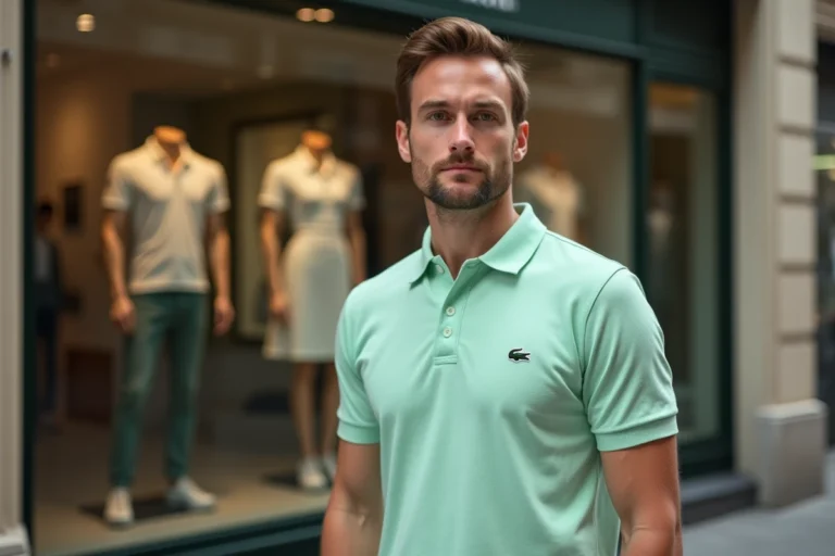 Homme en polo de marque premium devant des boutiques de vêtements concurrentes sur une rue commerçante parisienne