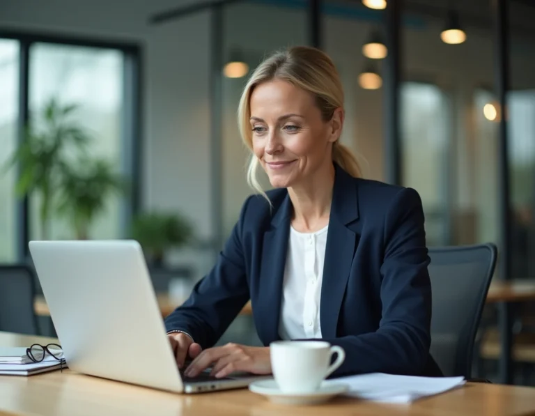 Femme professionnelle connectée à son espace personnel sur un ordinateur portable dans un bureau moderne