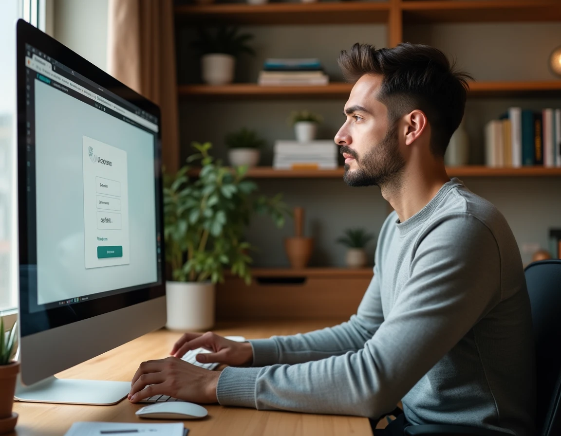 Homme consultant son espace personnel en ligne depuis son bureau à domicile avec un ordinateur fixe