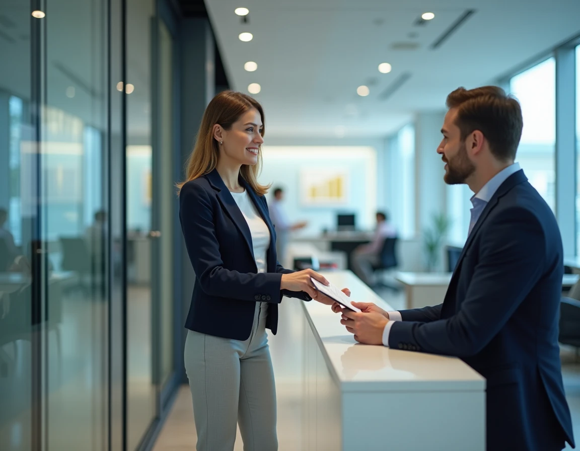 Femme signant des documents bancaires lors d'une consultation avant son départ à l'étranger