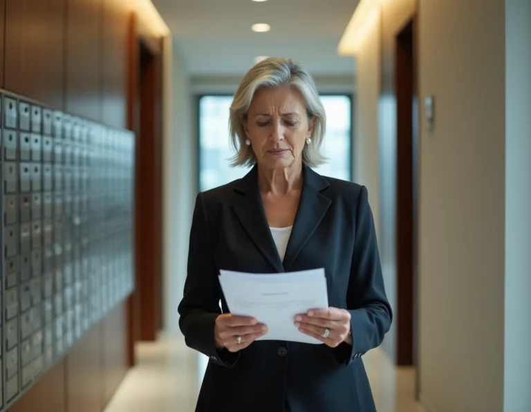 Copropriétaire féminine tenant des documents officiels dans un couloir de résidence, exprimant sa préoccupation face à un abus de pouvoir du conseil syndical