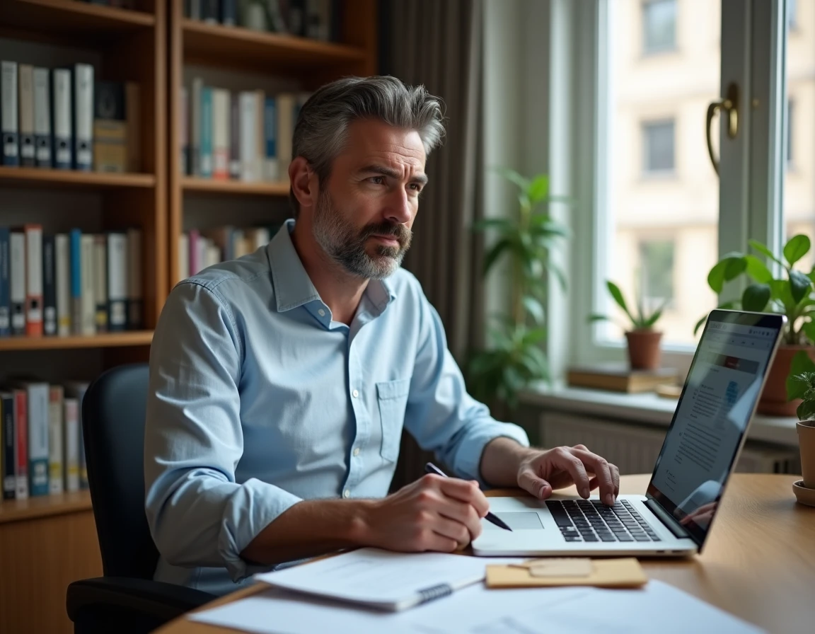 Copropriétaire masculin recherchant ses droits face à un abus de pouvoir syndical sur son ordinateur, entouré de courriers officiels et de notes manuscrites