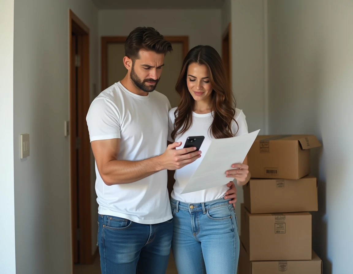 Couple examinant un bail et les démarches pour maintenir l'APL dans un nouvel appartement vide