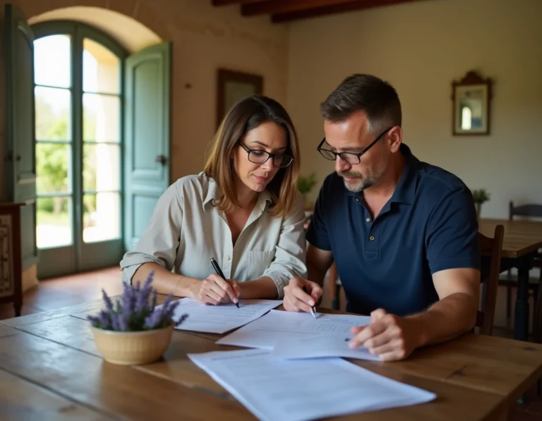 Couple consultant des documents fiscaux dans une résidence secondaire en pierre en Provence