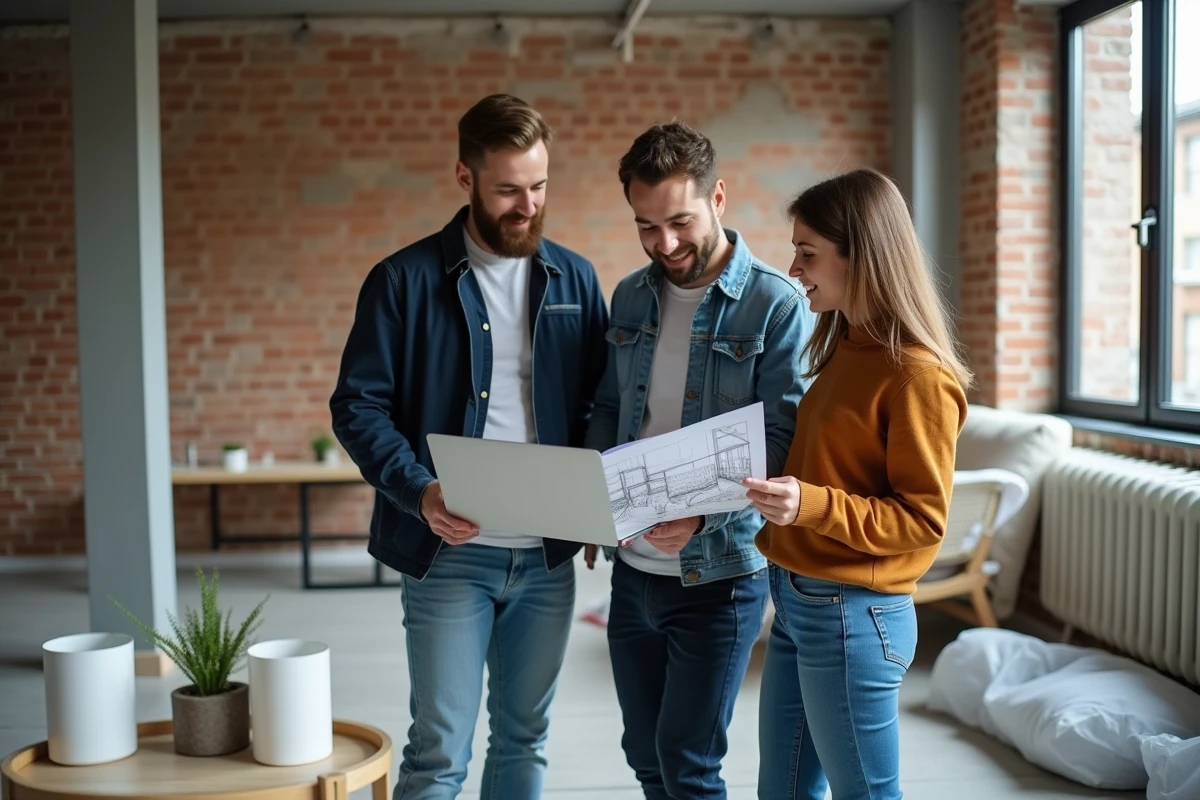 Jeune couple et gestionnaire discutant plans de renovation