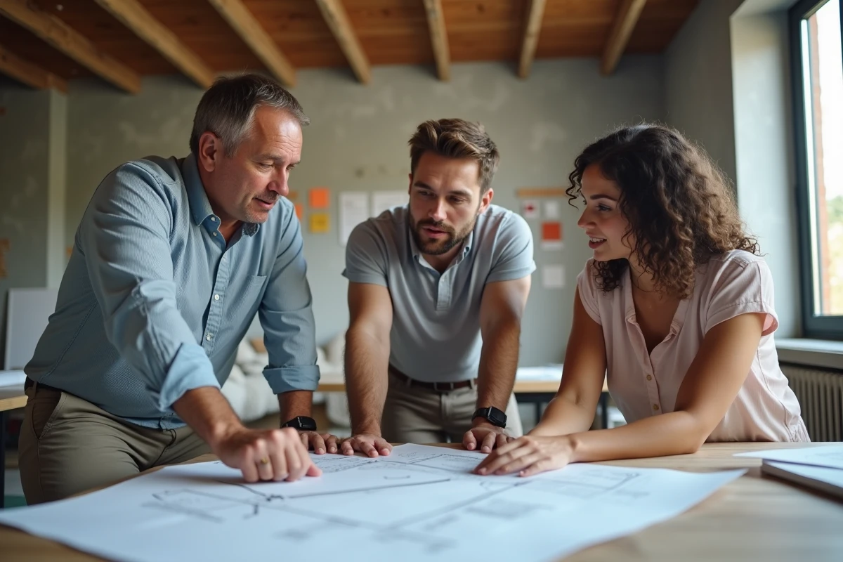 Homme et couple discutant plans dans appartement à Toulouse