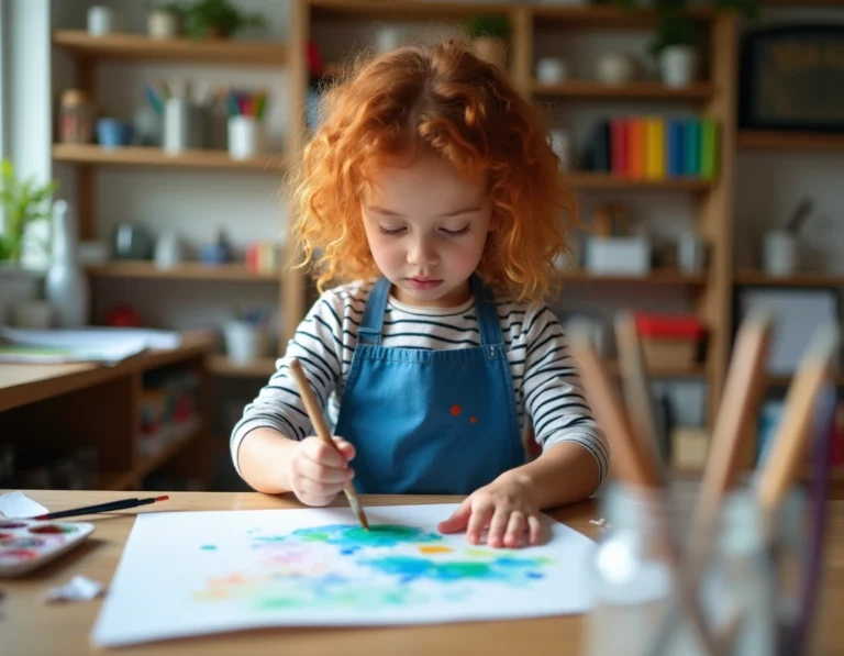 Jeune fille concentrée en train de peindre à l'aquarelle à une table en bois couverte de matériaux artistiques colorés