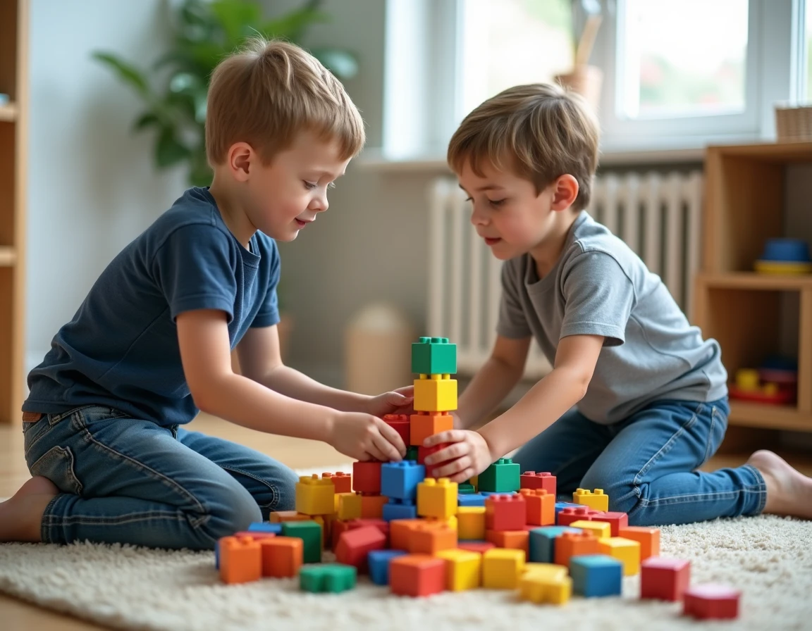 Deux garçons construisant ensemble une grande structure avec des blocs en bois colorés sur un tapis de jeu