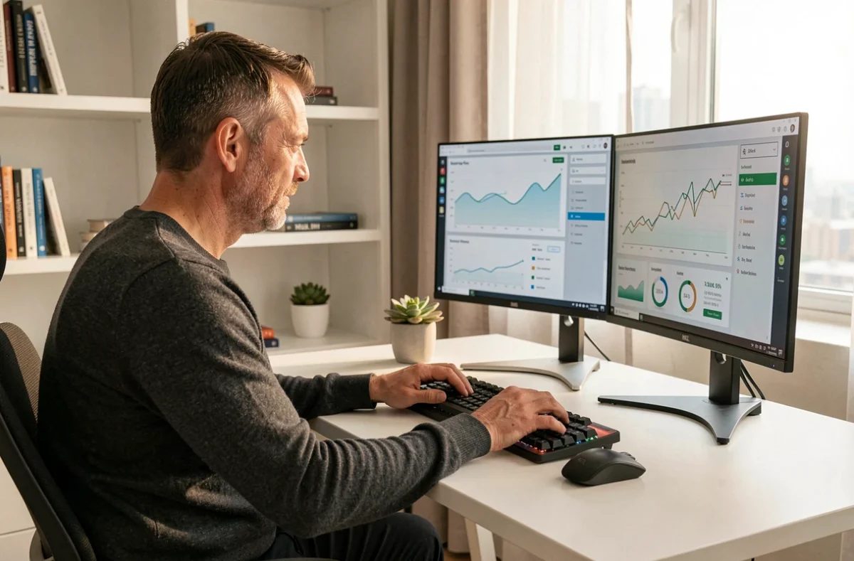 Entrepreneur masculin travaillant sur une stratégie de marketing digital depuis son bureau à domicile moderne