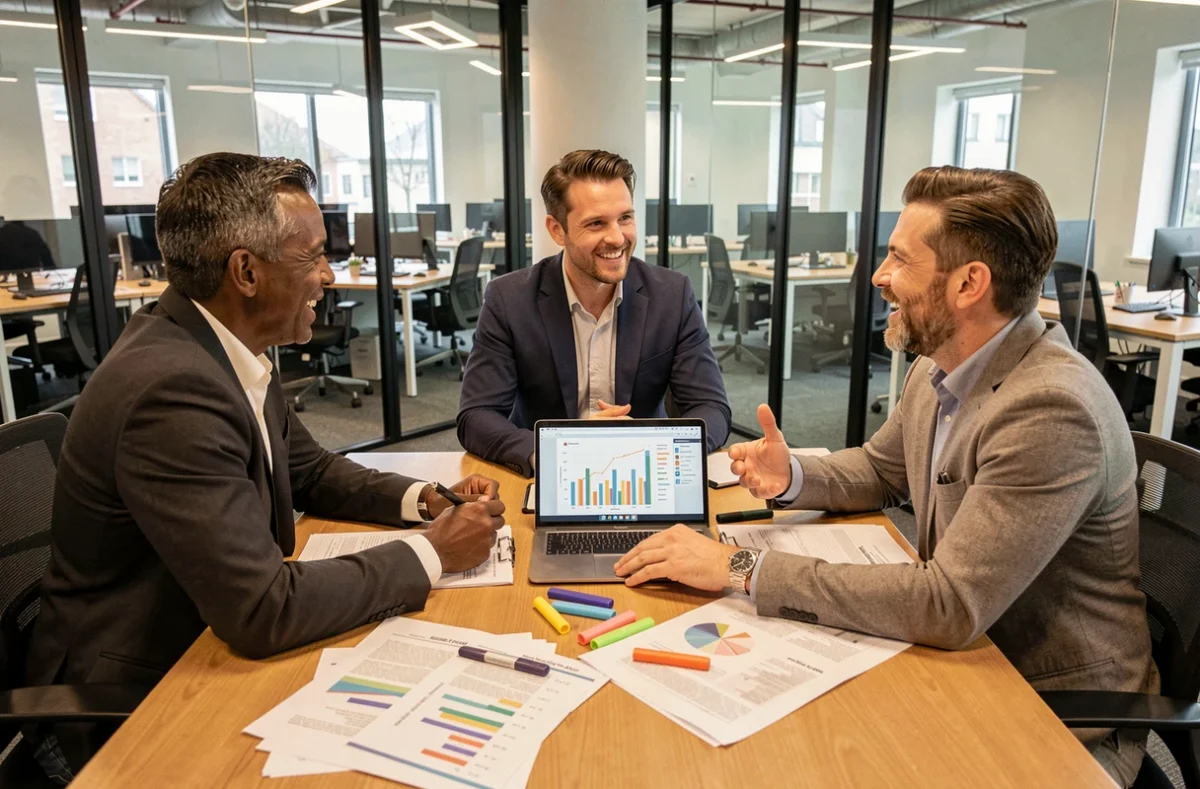 Équipe marketing analysant des données et stratégies de croissance autour d'une table de réunion professionnelle