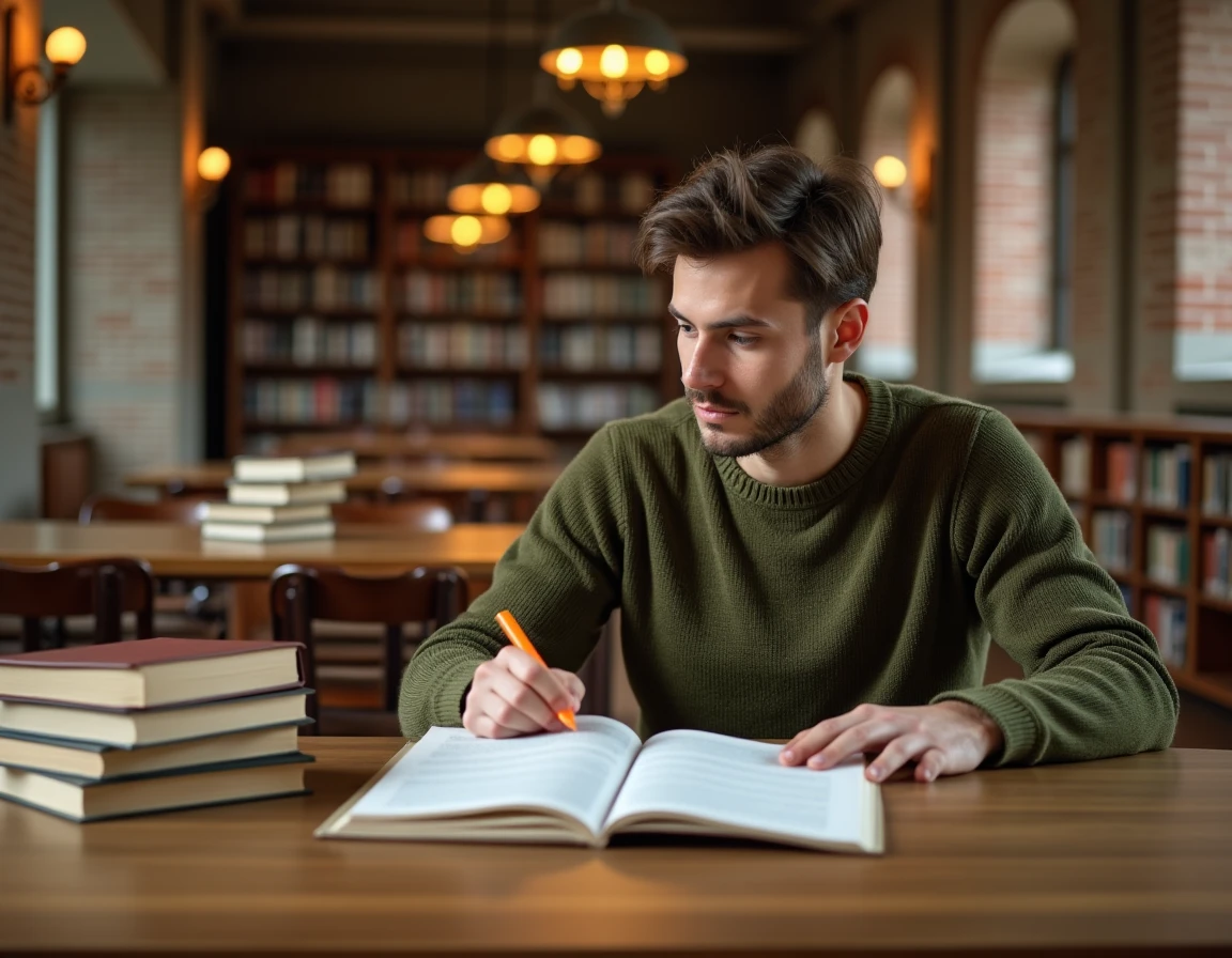 Étudiant en droit étudiant un arrêt de principe dans une bibliothèque universitaire