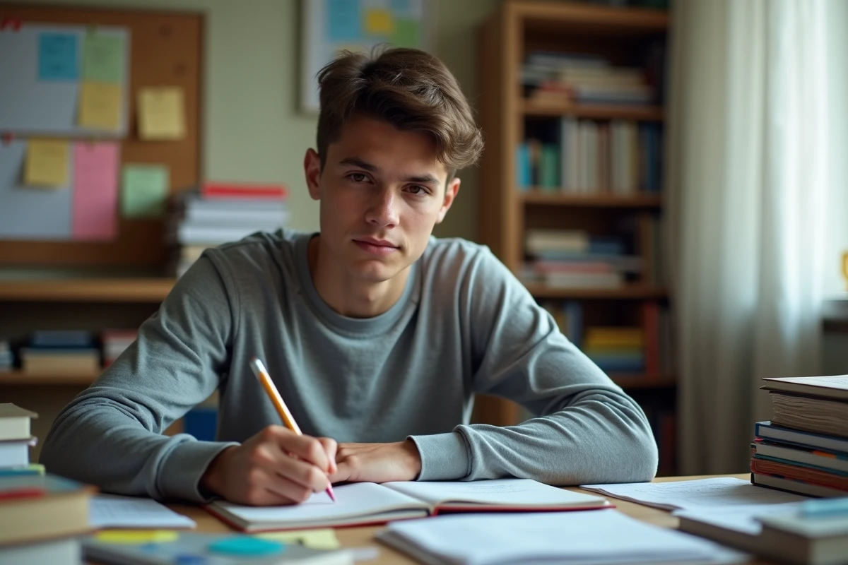 Étudiant en seconde révisant ses cours avec des notes et un bulletin scolaire sur son bureau