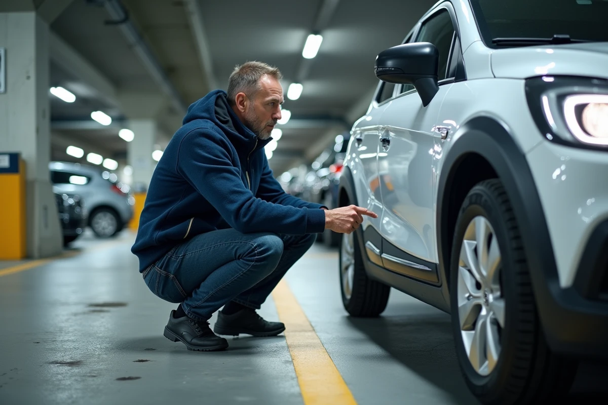 Expert en sécurité automobile inspectant une Opel Corsa blanche dans un parking souterrain pour évaluer les risques de vol