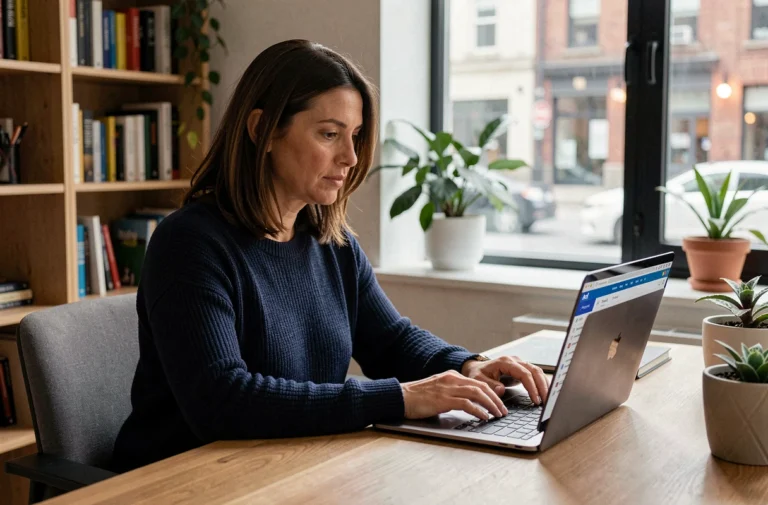 Femme consultant sa boîte mail AOL sur un ordinateur portable dans un bureau à domicile moderne