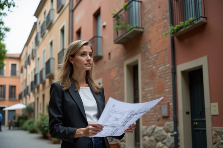 Femme en blazer tenant plans devant maison renovée à Toulouse