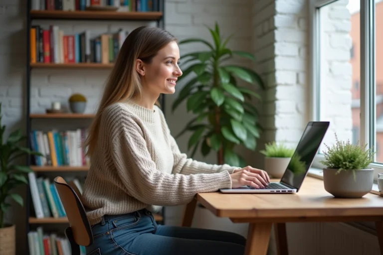 Femme assise à son bureau à la maison en train de taper sur son ordinateur