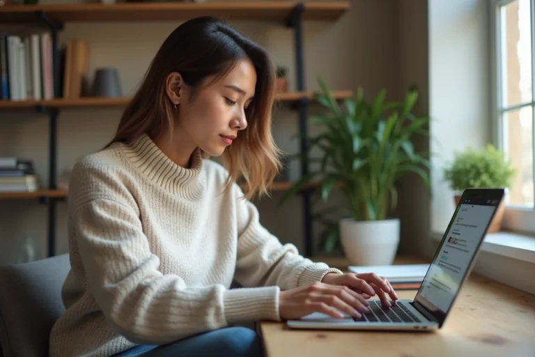 Femme en bureau cosy utilisant un ordinateur portable