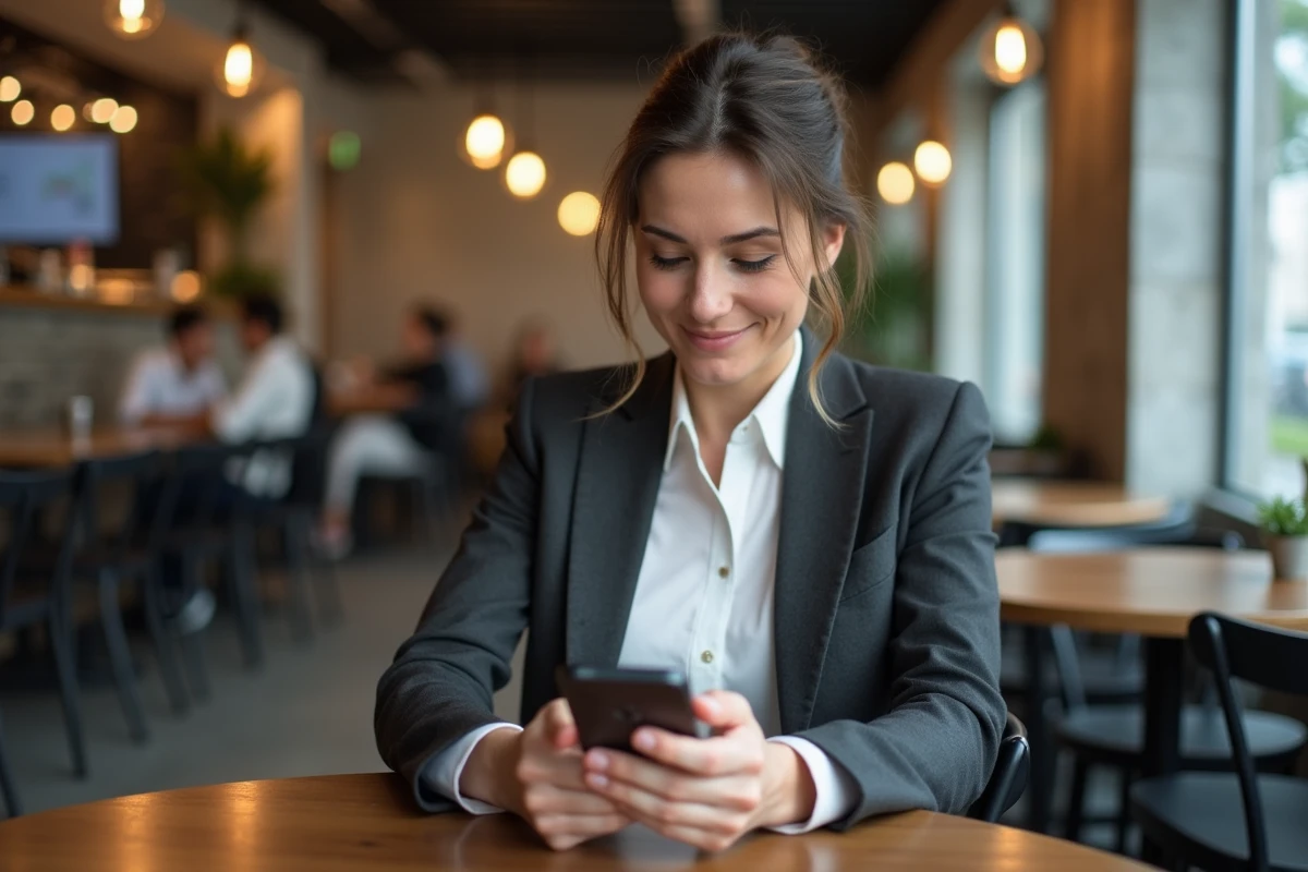 Femme consultant des avis clients sur son smartphone dans un café urbain