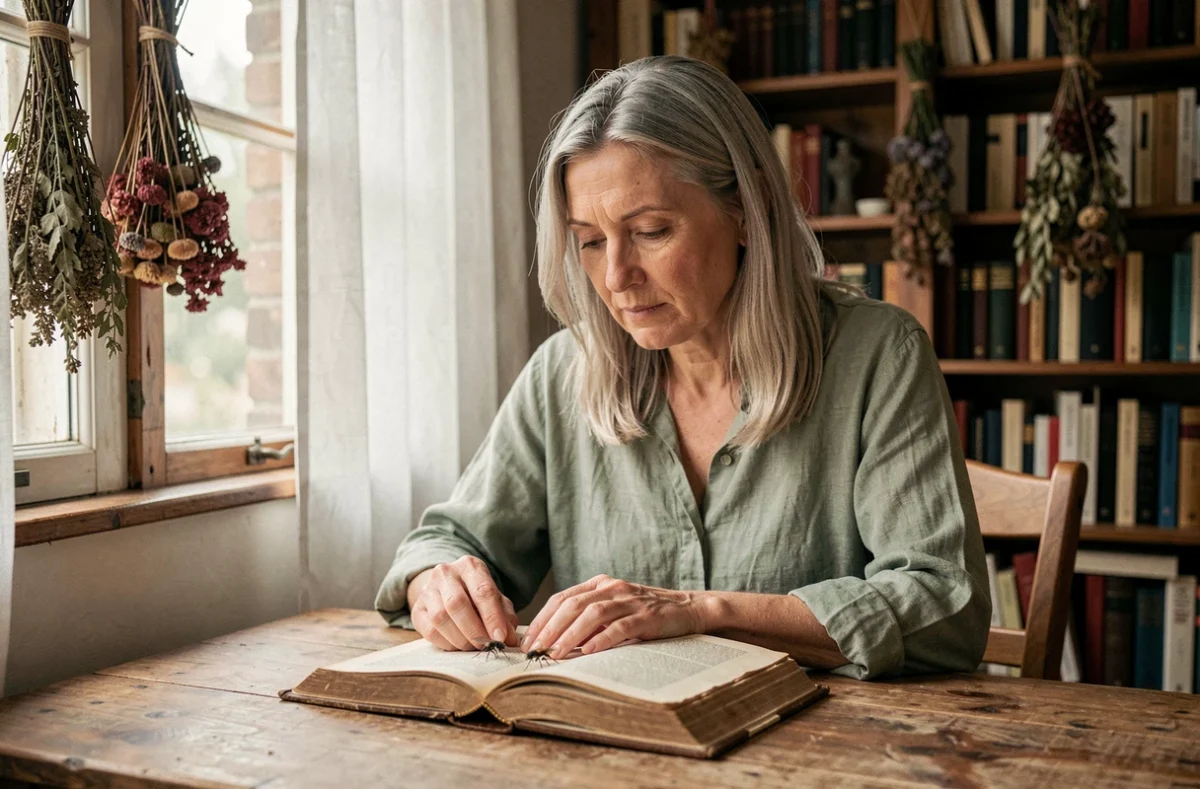 Femme contemplative observant une mouche posée sur un vieux livre, symbolisme et spiritualité