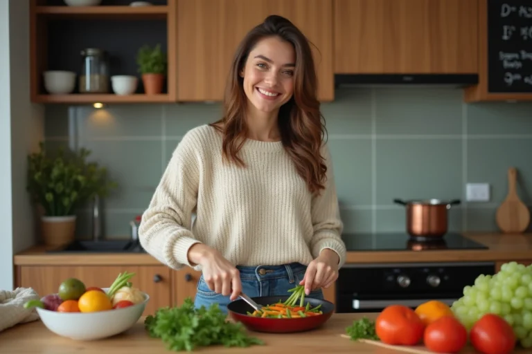 Jeune femme souriante prépare un stirfry de légumes frais
