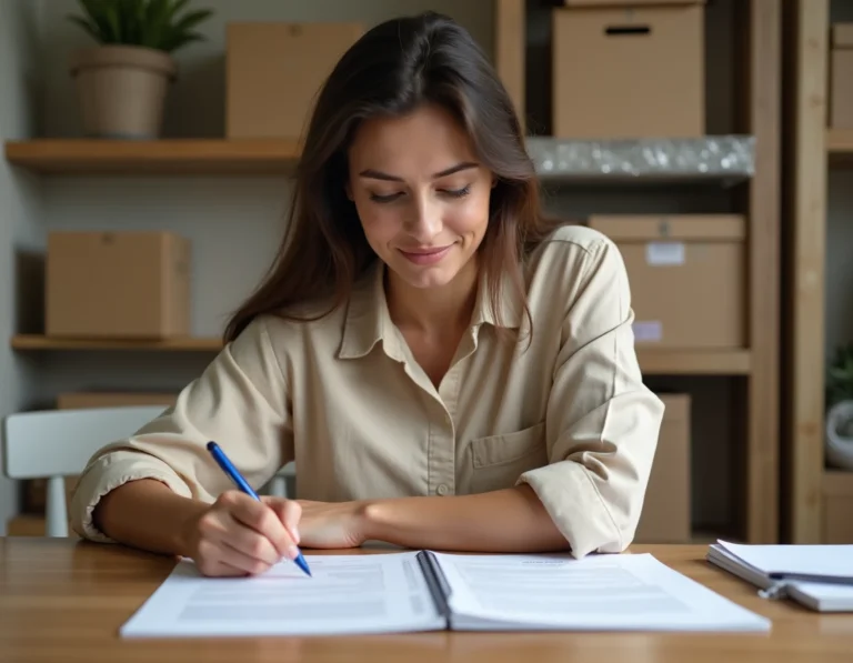 Femme remplissant un formulaire de demande d'APL lors d'un déménagement, entourée de cartons