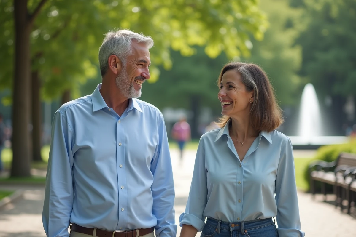 Femme et homme riant dans un parc urbain