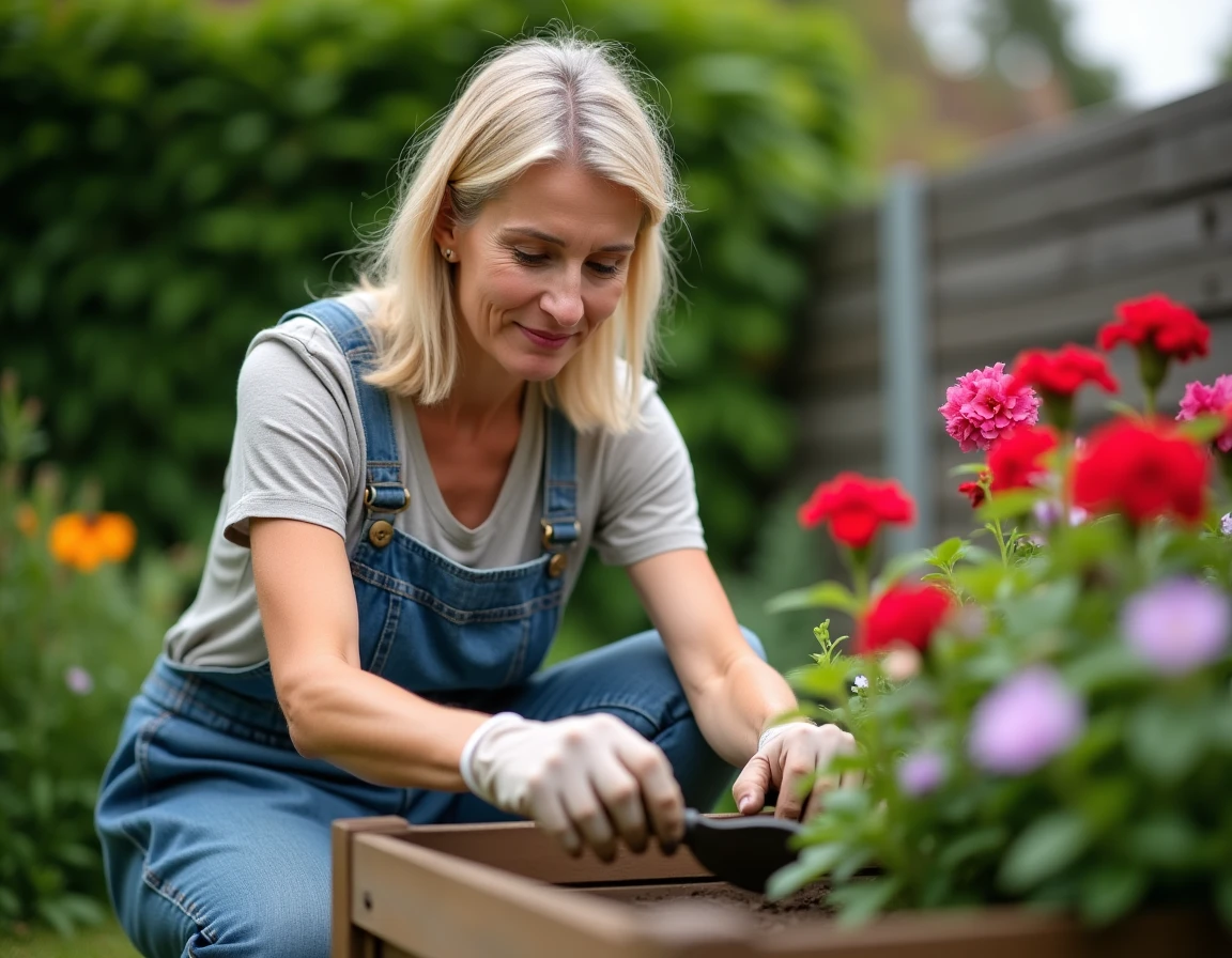 Femme jardinière entretenant un bac surélevé de géraniums et pétunias dans un jardin résidentiel