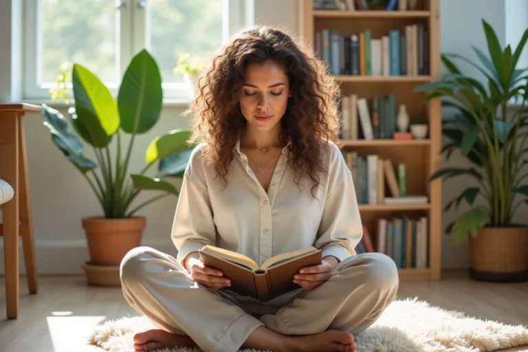 Femme lisant un livre sur la therapie holistique en classe lumineuse