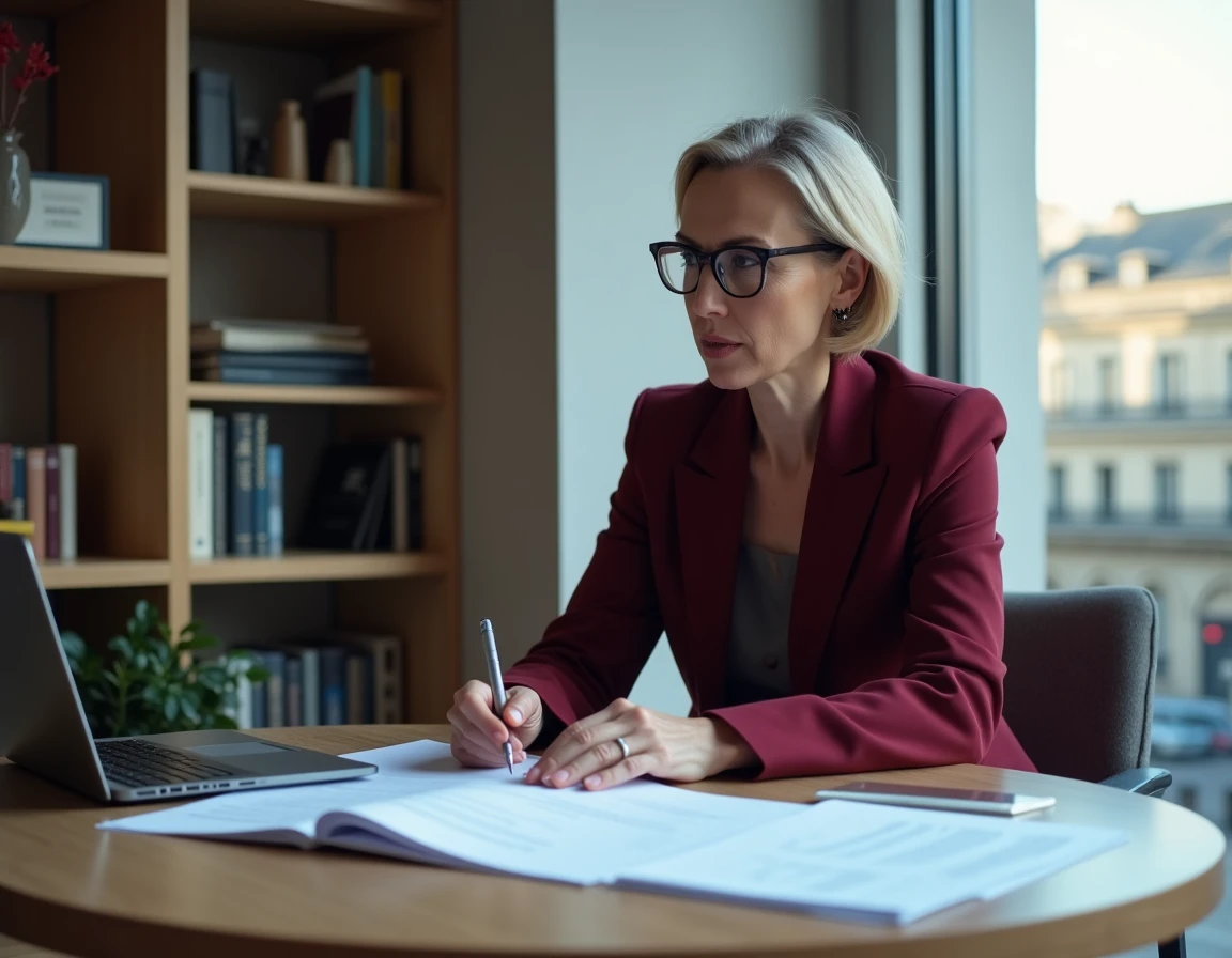 Femme politique française en blazer bordeaux analysant des documents de briefing politique dans un bureau moderne parisien