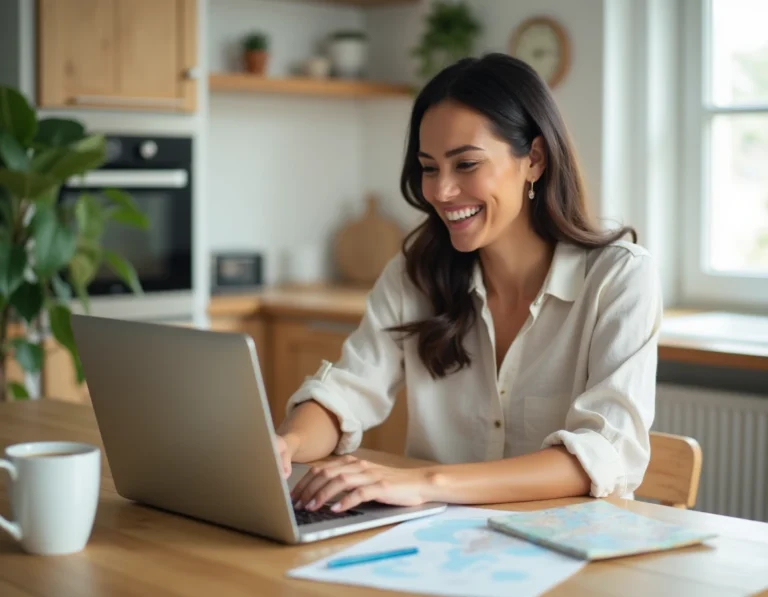 Femme cherchant une location de vacances idéale sur son ordinateur portable à la maison