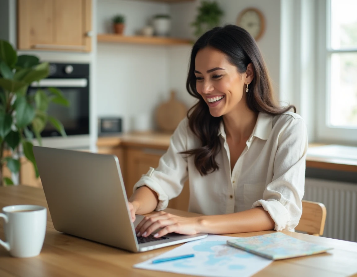 Femme cherchant une location de vacances idéale sur son ordinateur portable à la maison