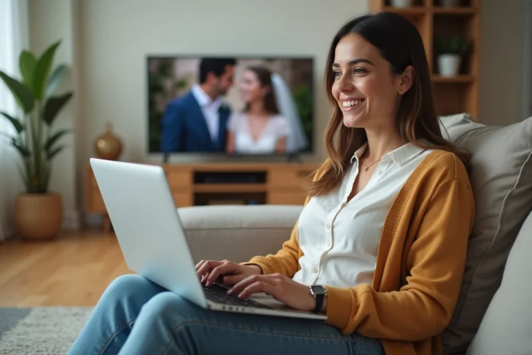 Femme souriante regardant un mariage à la télé dans un salon moderne