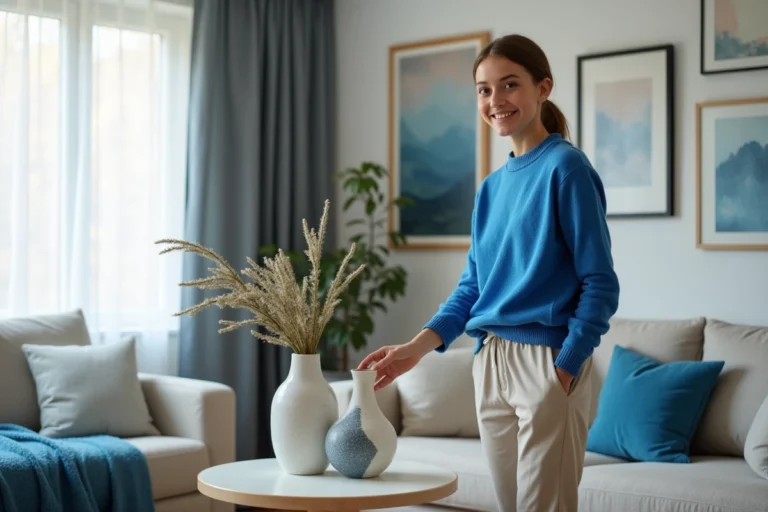 Jeune femme en pull électrique bleu dans un salon moderne