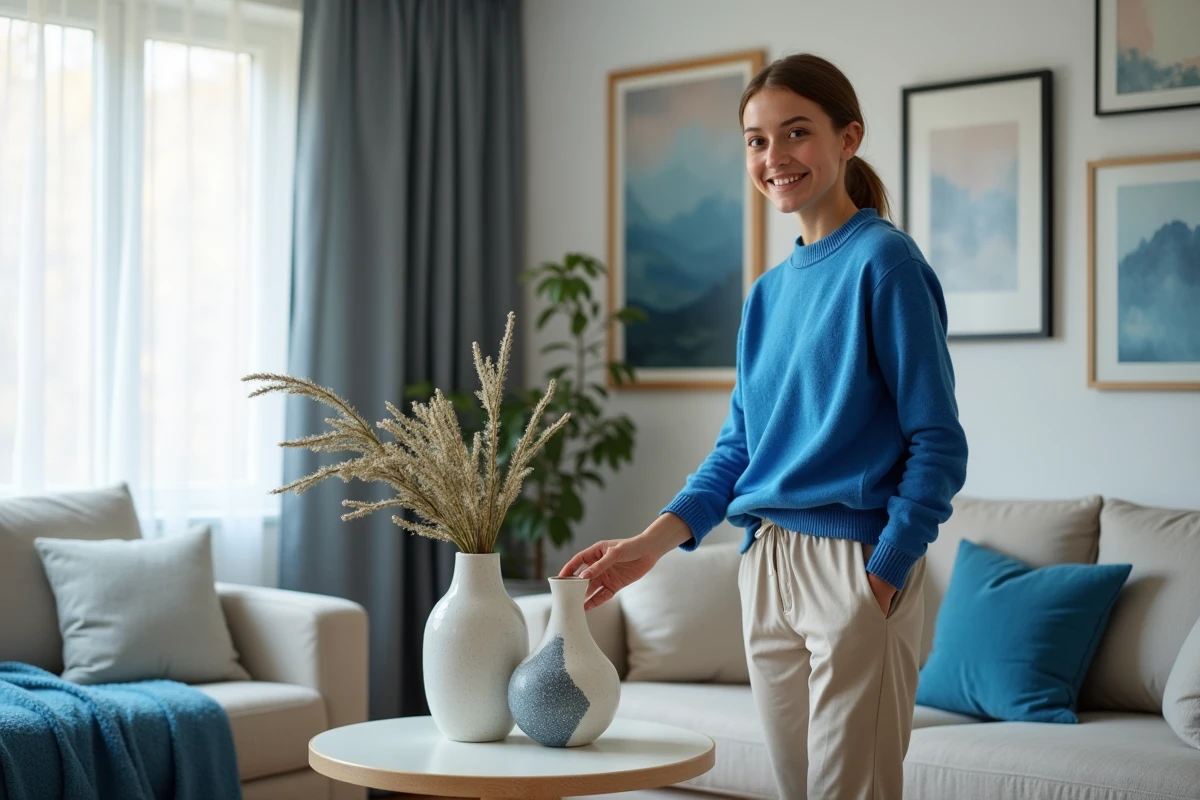 Jeune femme en pull électrique bleu dans un salon moderne