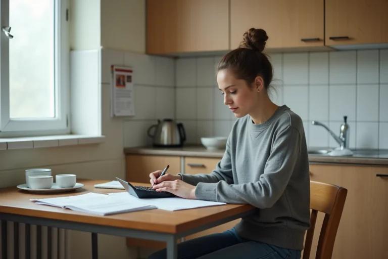 Femme seule calculant le montant de ses aides sociales RSA à la maison avec une calculatrice et des documents administratifs