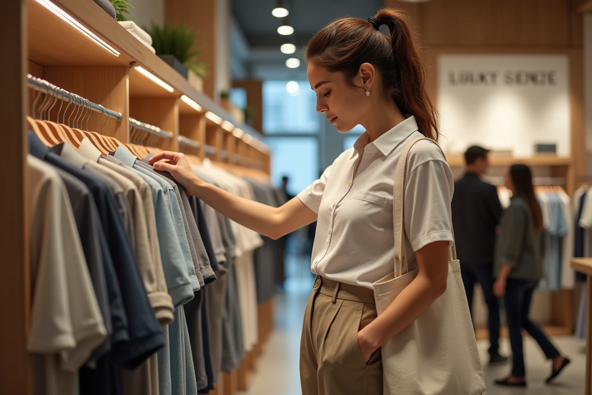 Femme examinant des polos de marques premium dans un concept store de mode sportswear haut de gamme