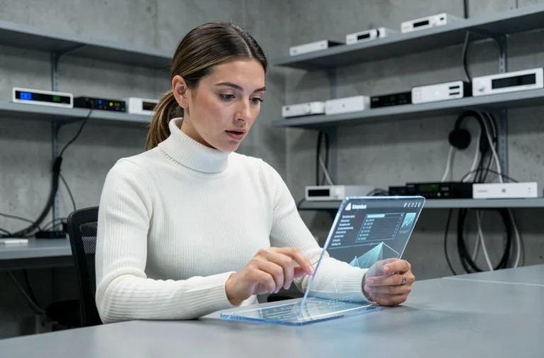 Femme utilisant une tablette holographique dans un espace de travail technologique moderne aux murs en béton