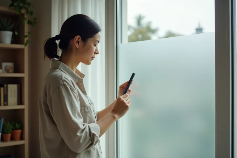 Femme installant un film opacifiant sur une fenêtre pour préserver l'intimité de son appartement face aux regards extérieurs