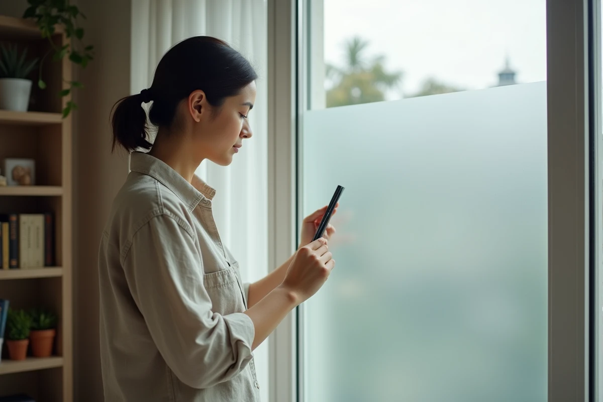 Femme installant un film opacifiant sur une fenêtre pour préserver l'intimité de son appartement face aux regards extérieurs